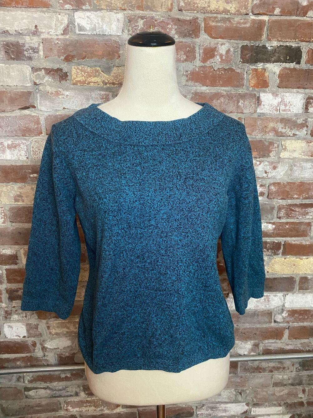 Dressbarn Teal Marled Knit Sweater Large 3/4 Sleeve Boatneck Pullover Size L